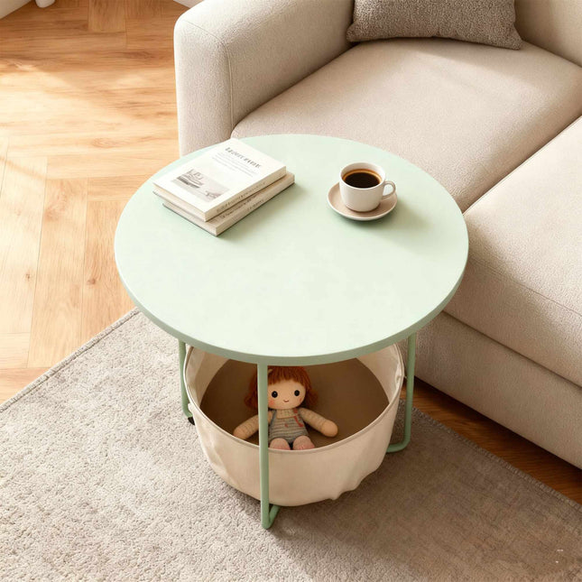 Round Side Table with Storage Basket, Metal Frame