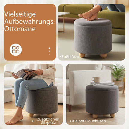 Round Storage Ottoman with Removable Lid, Gray Chenille