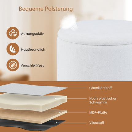 Round Storage Ottoman with Removable Lid, White Chenille