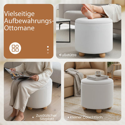 Round Storage Ottoman with Removable Lid, White Chenille