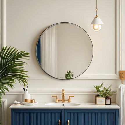 Round Wall Mirror, 30 in, Brushed Aluminum Frame, Shatter-Resistant