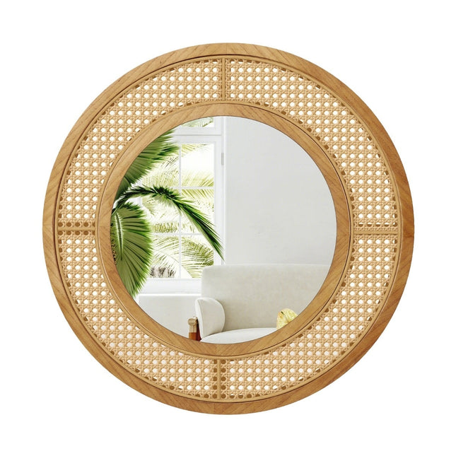 Round Wall Mirror, Rattan & Wood Frame, 65 cm Diameter
