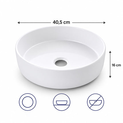 Round White Ceramic Countertop Basin, 40.5 x 40.5 cm