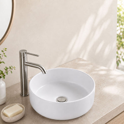 Round White Ceramic Countertop Basin, 40.5 x 40.5 cm