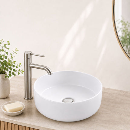 Round White Ceramic Countertop Basin, 40.5 x 40.5 cm
