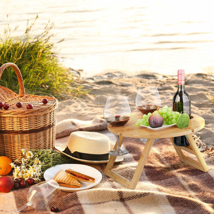 Round bamboo picnic wine table