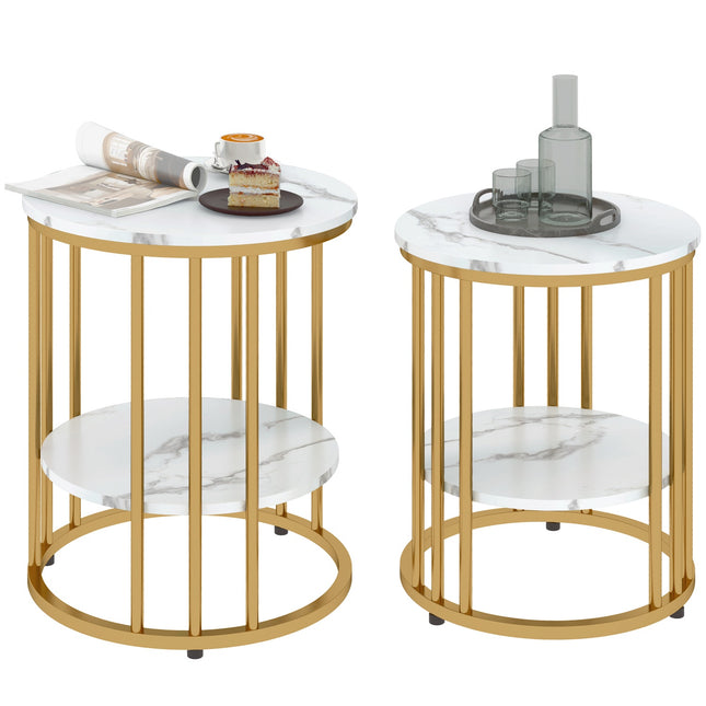 Ronde salontafel, set van 2, bijzettafel met plank, stalen frame, woonkamertafel in marmerlook, salontafel voor woonkamer, slaapkamer, wit Aosom