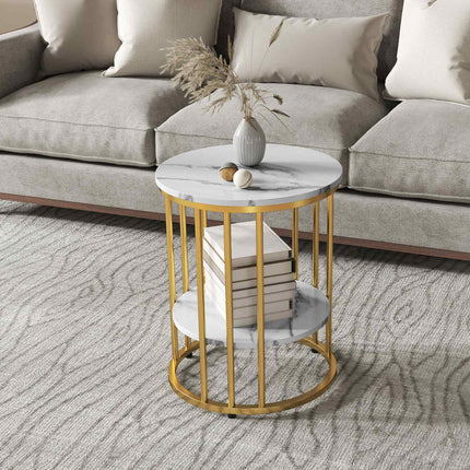 Round coffee table with white marble look with shelf, set of 2