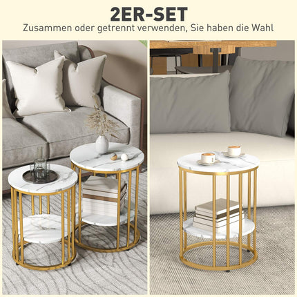 Round coffee table with white marble look with shelf, set of 2