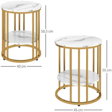 Round coffee table with white marble look with shelf, set of 2