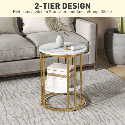 Round coffee table with white marble look with shelf, set of 2