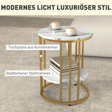 Round coffee table with white marble look with shelf, set of 2