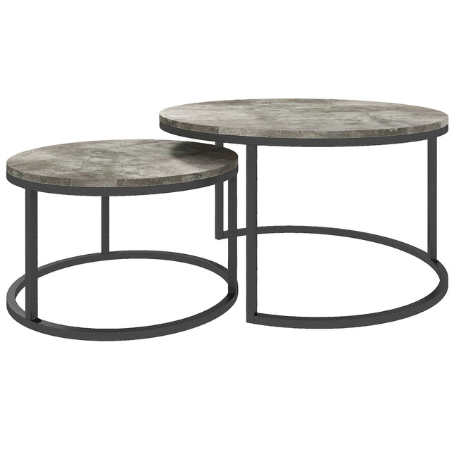 Nesting coffee table set in marble look, round, grey, 2 parts