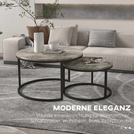 Nesting coffee table set in marble look, round, grey, 2 parts