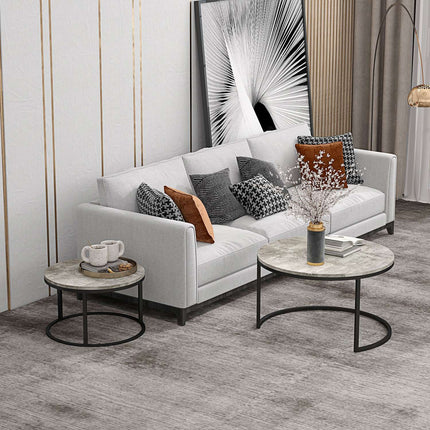 Nesting coffee table set in marble look, round, grey, 2 parts