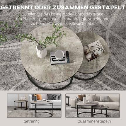 Nesting coffee table set in marble look, round, grey, 2 parts