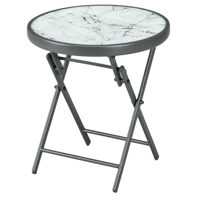 Opklapbare bijzettafel, klaptafel van glas met marmerlook, kleine campingtafel, ronde banktafel, balkontafel voor balkon, terras, woonkamer, kantoor, 45 x 45 x 50 cm, wit
