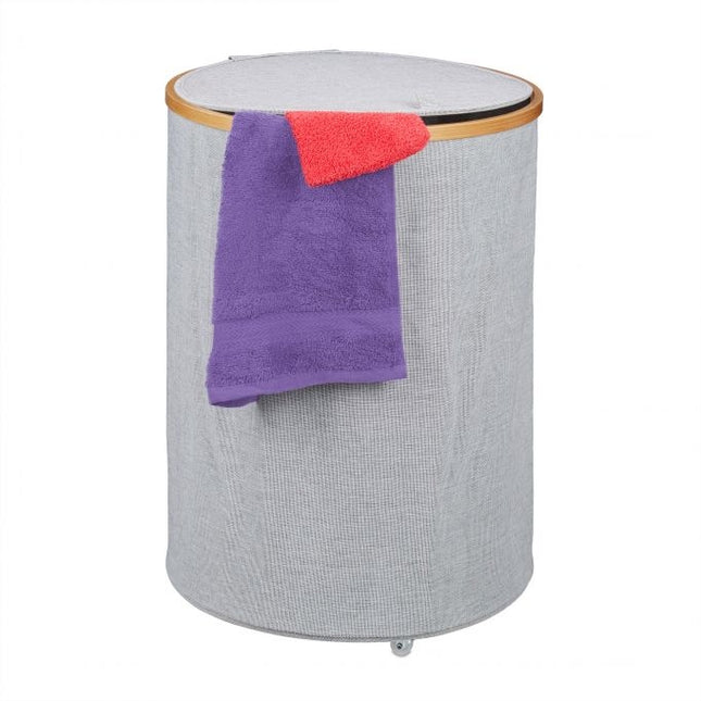 Round laundry basket in fabric and bamboo