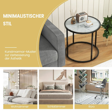 Round side table with marble imitation glass top & adjustable feet sofa table