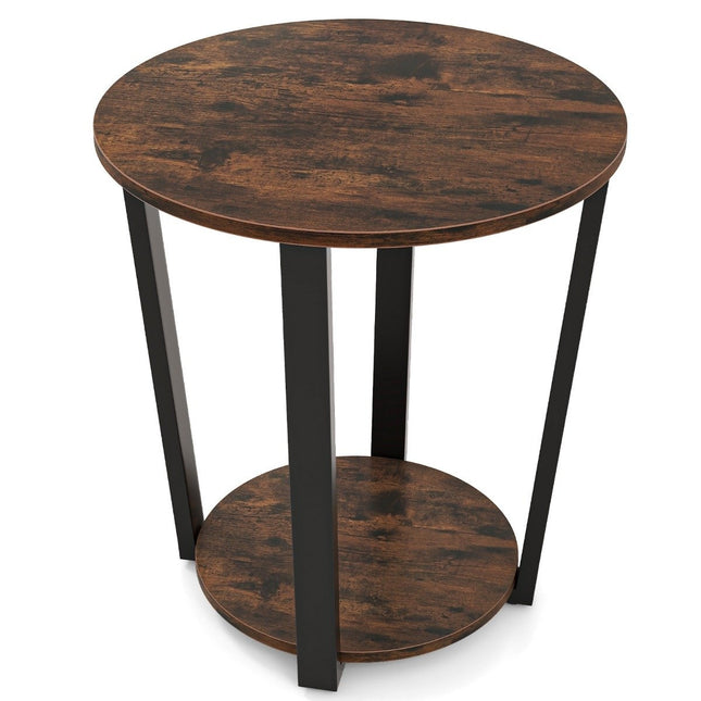 Ronde bijzettafel met open plank en metalen frame, 2-laags bijzettafel, salontafel, rustiek bruin