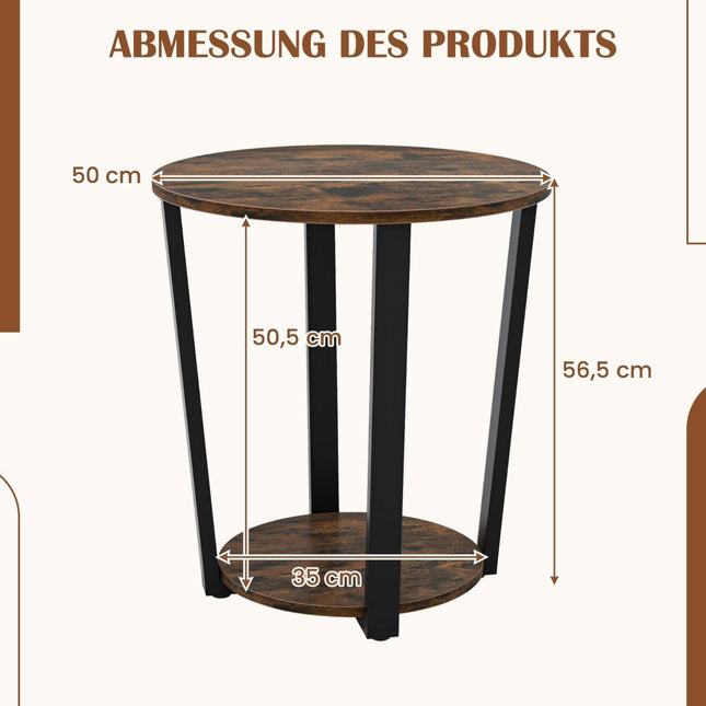 Ronde bijzettafel met open plank en metalen frame, 2-laags bijzettafel, salontafel, rustiek bruin