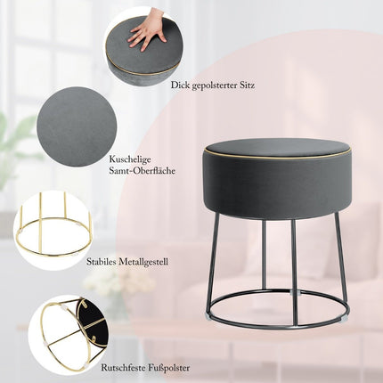 Round stool footstool made of velvet with metal legs, upholstered dressing stool, can hold up to 150 kg, grey