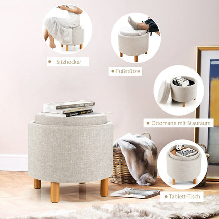Round stool with storage space &amp; Removable lid can hold up to 150 kg. Beige footstool