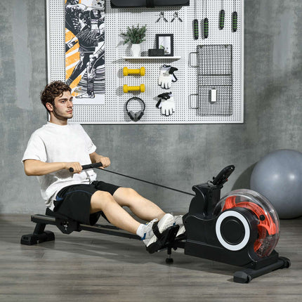 Collapsible water rowing machine, LCD screen and wheels
