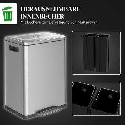Stainless steel waste bin 40L - Double soft-closing compartments