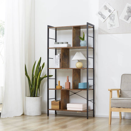 Rustic Brown 5-Tier Bookshelf, Metal Frame, 77x30x157.5 cm