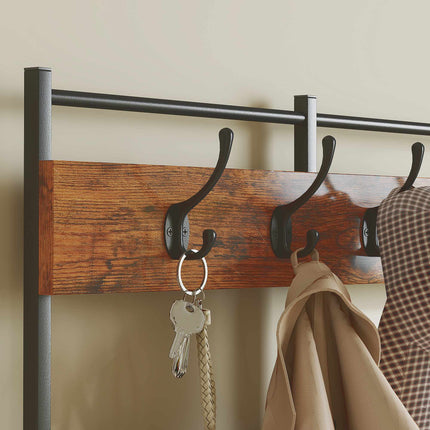 Rustic Brown Coat Rack with 14 Hooks and Fabric Drawers