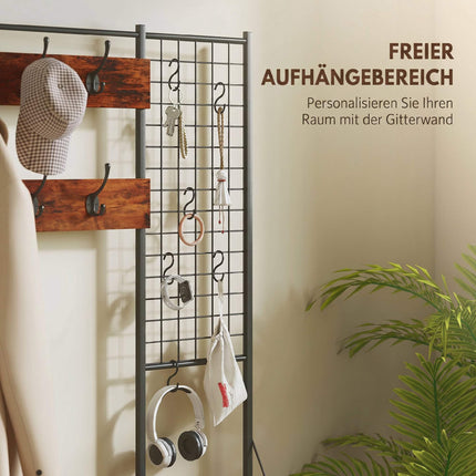 Rustic Brown Coat Rack with 14 Hooks and Fabric Drawers