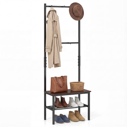 Rustic Brown Hall Tree Bench with Hooks and Shoe Storage