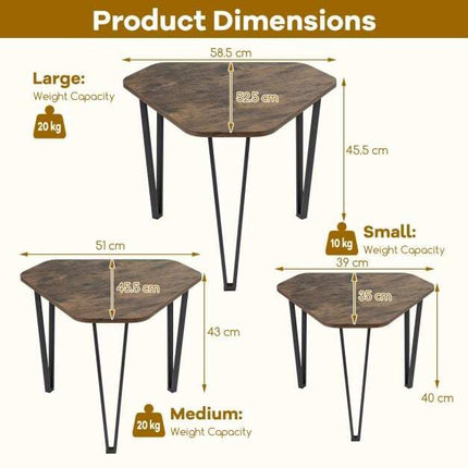 Rustic Brown Nesting Sofa Side Table Set with Metal Frame