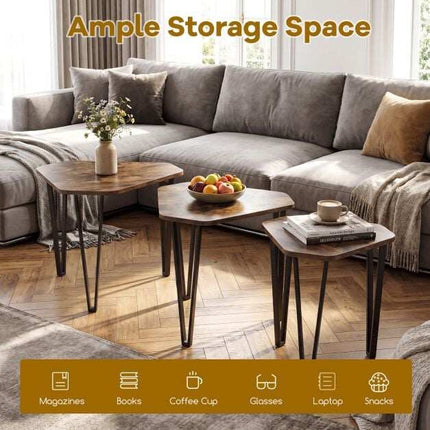 Rustic Brown Nesting Sofa Side Table Set with Metal Frame