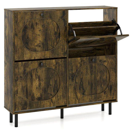 Rustic Brown Shoe Storage Cabinet, 4 Flip Drawers, Slim Design