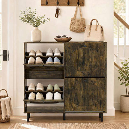 Rustic Brown Shoe Storage Cabinet, 4 Flip Drawers, Slim Design