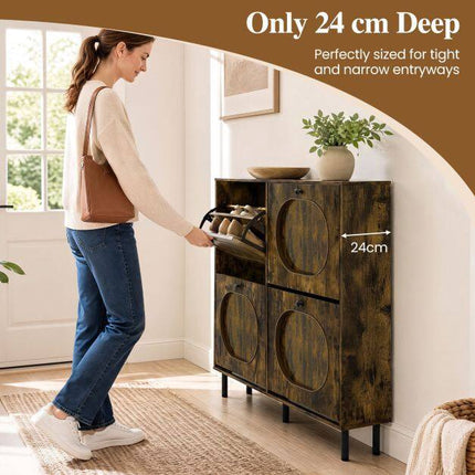 Rustic Brown Shoe Storage Cabinet, 4 Flip Drawers, Slim Design