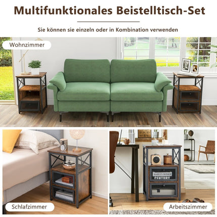 Rustic Brown Side Table with Shelves and Drawers