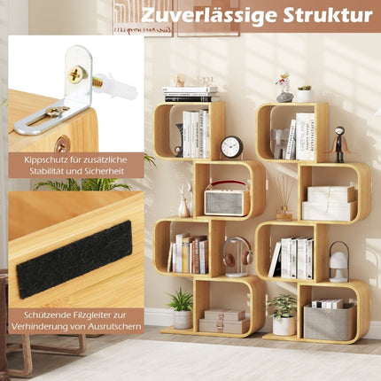 S-Shaped Bamboo Bookshelf, 4-Tier, 61x23x133.5 cm