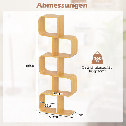 S-Shaped Bamboo Bookshelf with 5 Tiers for Home Office