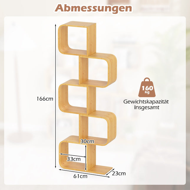 S-vormige bamboe boekenplank met 5 niveaus voor thuiskantoor