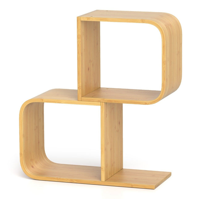 S-vormige boekenplank met 2 open kubussen, geometrische hoekplank, bamboe plank