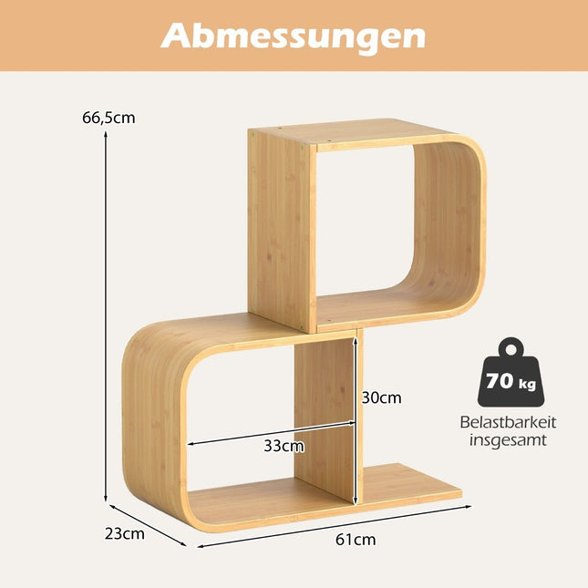 S-vormige boekenplank met 2 open kubussen, geometrische hoekplank, bamboe plank