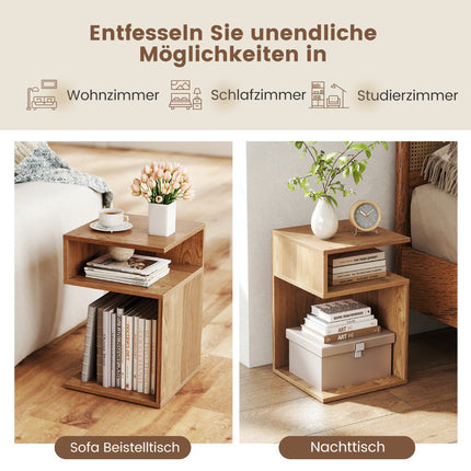 S-Shaped Side Table with 2 Open Shelves, Natural Wood