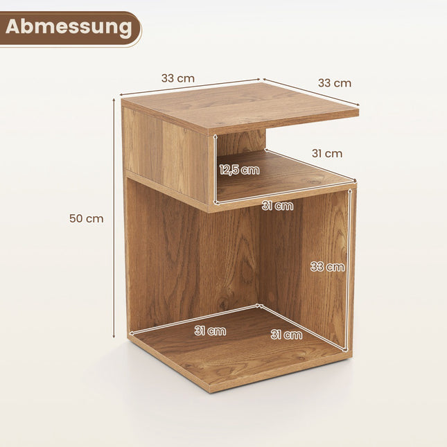 S-vormige bijzettafel met 2 open schappen, naturel hout