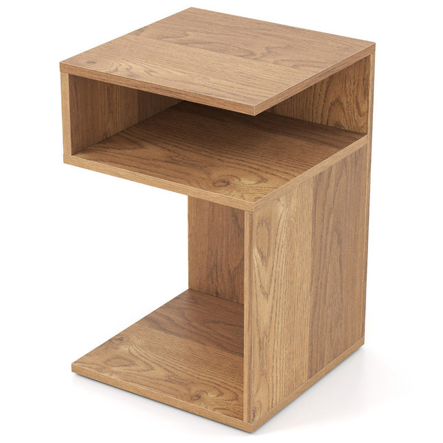S-vormige bijzettafel met 2 open schappen, naturel hout