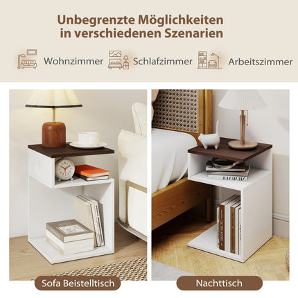 S-Shaped Side Table with 2 Open Shelves, White/Walnut