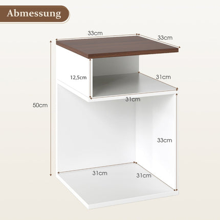 S-Shaped Side Table with 2 Open Shelves, White/Walnut