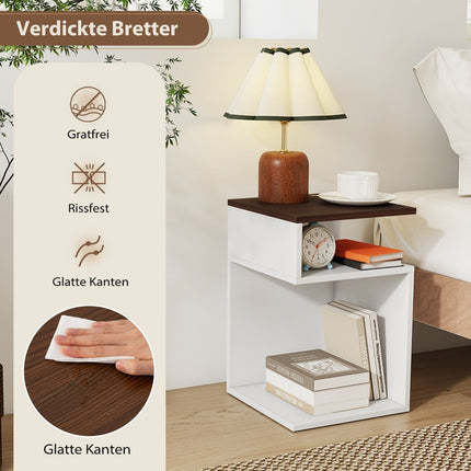 S-Shaped Side Table with 2 Open Shelves, White/Walnut